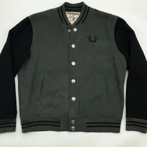 True Religion Varsity Men's Size XL Green Wool Blend Snap Button Bomber Jacket